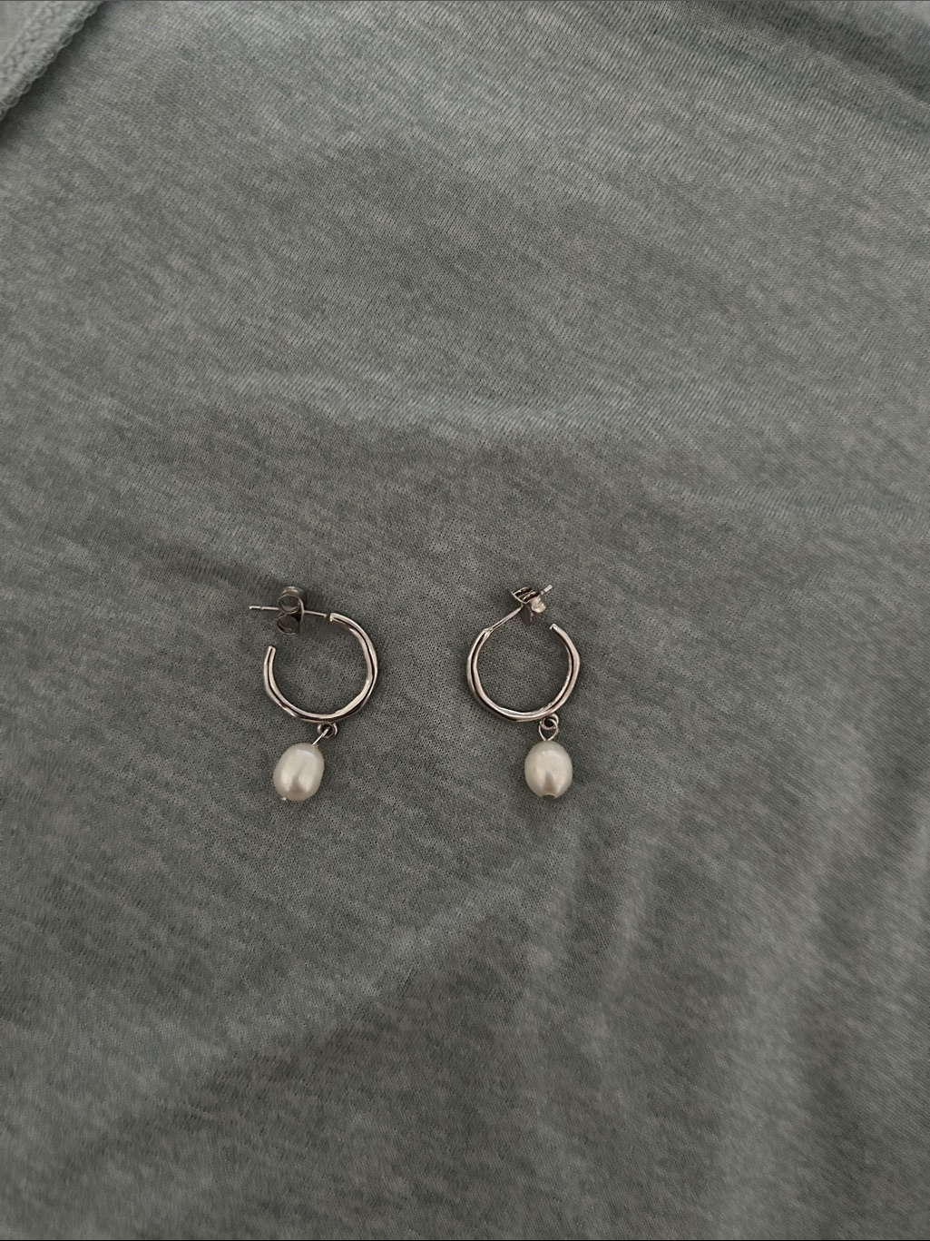 Caitlyn Minimalist Silver Hoop Earrings With Pearl Charms — image 2 of 3